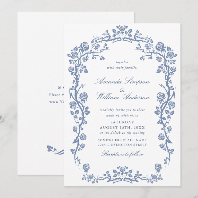 Elegant Baroque Blue French Garden Floral Wedding Invitation (Front/Back)