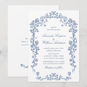 Elegant Baroque Blue French Garden Floral Wedding Invitation