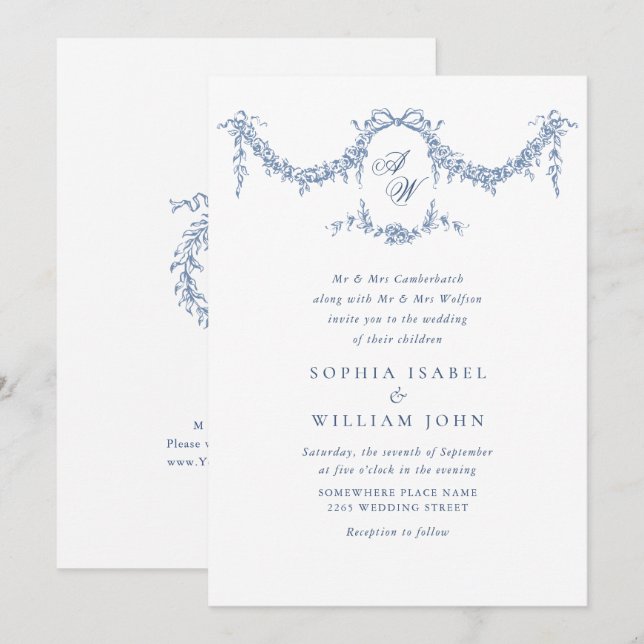 Elegant Baroque Blue French Garden Floral Wedding Invitation (Front/Back)