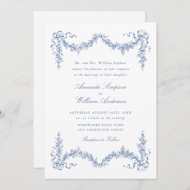 Elegant Baroque Blue French Garden Floral Wedding Invitation (Front/Back)