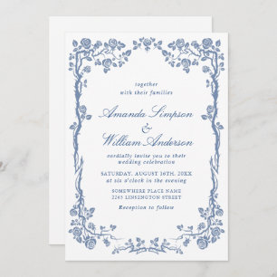 Elegant Baroque Blue French Garden Floral Wedding Invitation