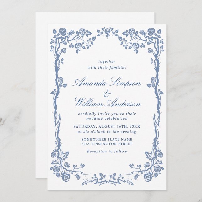 Elegant Baroque Blue French Garden Floral Wedding Invitation (Front/Back)