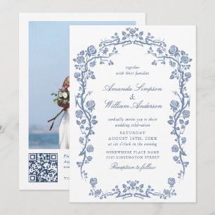 Elegant Baroque Blue French Garden Floral Wedding Invitation