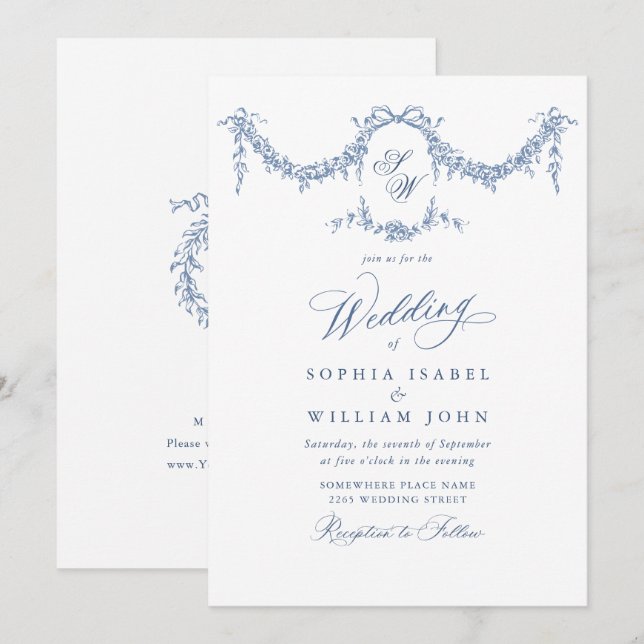 Elegant Baroque Blue French Garden Floral Wedding Invitation (Front/Back)