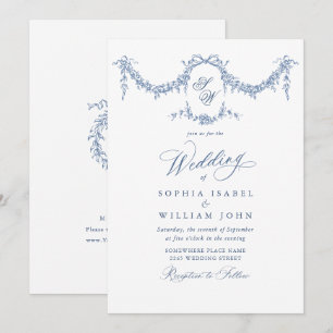 Elegant Baroque Blue French Garden Floral Wedding Invitation