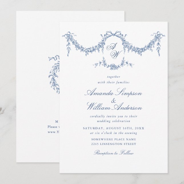 Elegant Baroque Blue French Garden Floral Wedding Invitation (Front/Back)