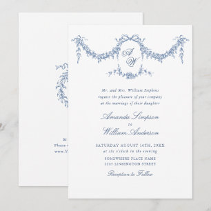 Elegant Baroque Blue French Garden Floral Wedding Invitation
