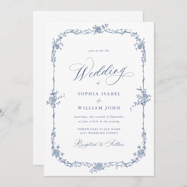 Elegant Baroque Blue French Garden Floral Wedding Invitation (Front/Back)