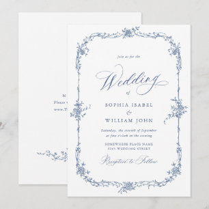 Elegant Baroque Blue French Garden Floral Wedding Invitation