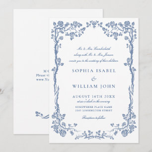 Elegant Baroque Blue French Garden Floral Wedding Invitation