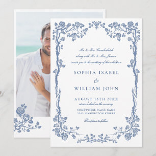 Elegant Baroque Blue French Garden Floral Wedding Invitation