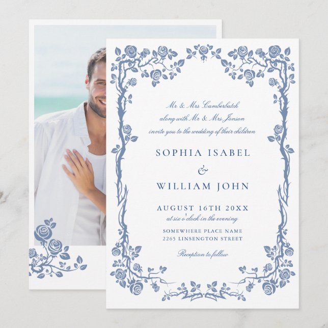 Elegant Baroque Blue French Garden Floral Wedding Invitation (Front/Back)