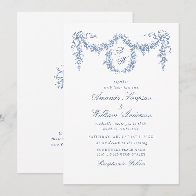 Elegant Baroque Blue French Garden Floral Wedding Invitation (Front/Back)