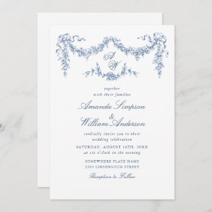 Elegant Baroque Blue French Garden Floral Wedding Invitation