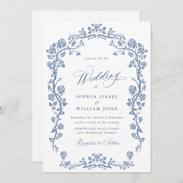 Elegant Baroque Blue French Garden Floral Wedding Invitation (Front/Back)