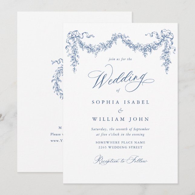 Elegant Baroque Blue French Garden Floral Wedding Invitation (Front/Back)