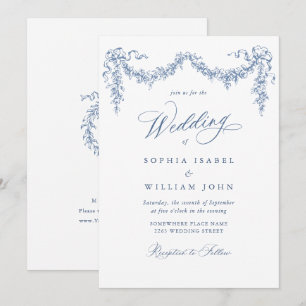 Elegant Baroque Blue French Garden Floral Wedding Invitation