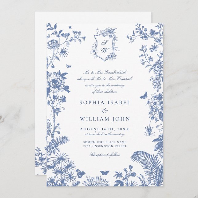 Elegant Baroque Blue French Garden Floral Wedding Invitation (Front/Back)