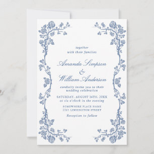 Elegant Baroque Blue French Garden Floral Wedding Invitation