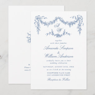 Elegant Baroque Blue French Garden Floral Wedding Invitation