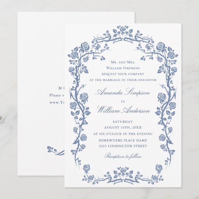 Elegant Baroque Blue French Garden Floral Wedding Invitation (Front/Back)