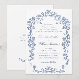 Elegant Baroque Blue French Garden Floral Wedding Invitation