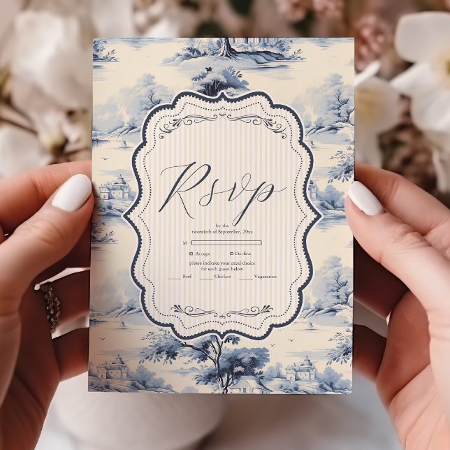Elegant Baroque Blue French Garden Floral Wedding RSVP Card (Creator Uploaded)