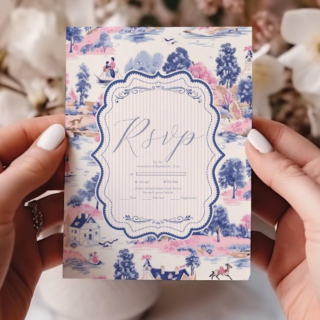 Elegant Baroque Blue French Garden Floral Wedding RSVP Card (Creator Uploaded)