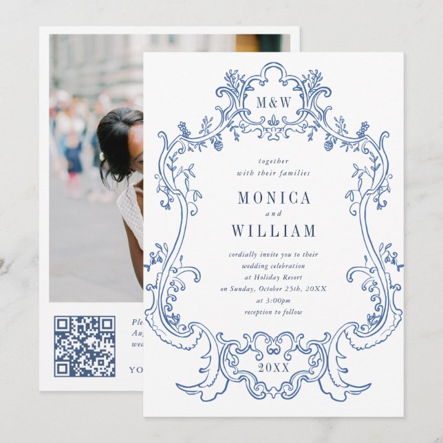 Elegant Baroque Blue Ornate Frame Wedding Photo QR Invitation (Front/Back)