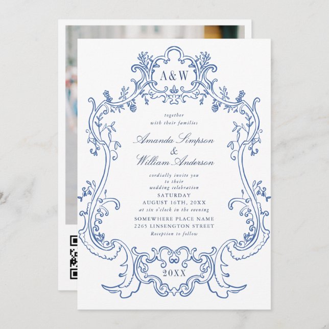 Elegant Baroque Blue Ornate Frame Wedding Photo QR Invitation (Front/Back)