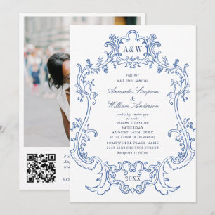 Elegant Baroque Blue Ornate Frame Wedding Photo QR Invitation