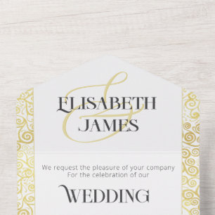     Elegant Baroque Classy White And Gold Wedding  All In One Invitation