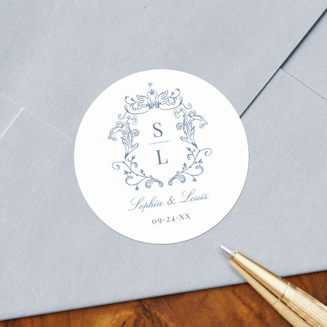 Elegant Baroque Crest Monogram Blue Wedding Classic Round Sticker (Creator Uploaded)