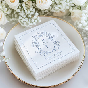 Elegant Baroque Crest Monogram Blue Wedding Napkin