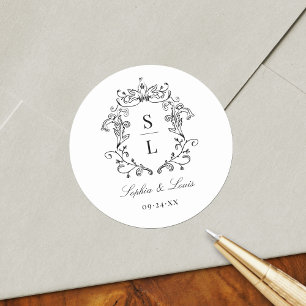 Elegant Baroque Crest Monogram Wedding Classic Round Sticker