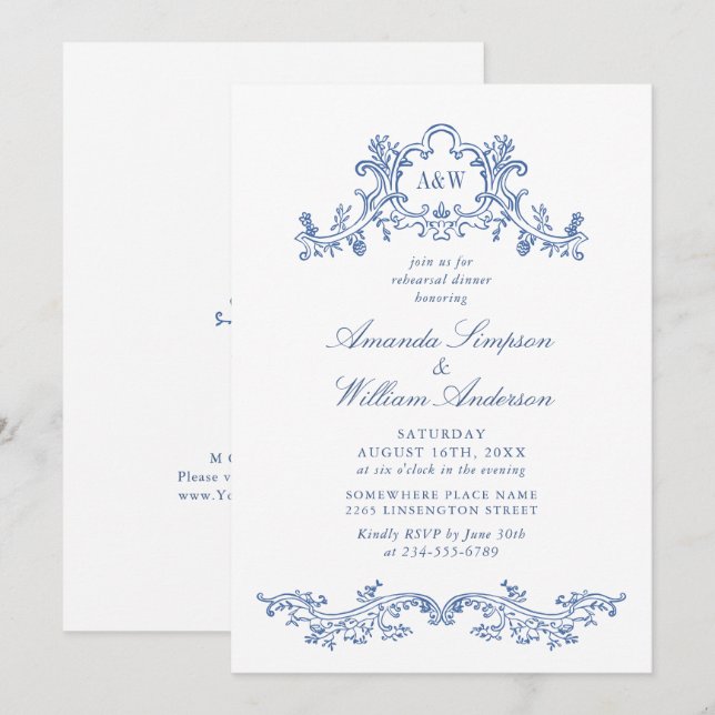 Elegant Baroque Dusty Blue Classy Rehearsal Dinner Invitation (Front/Back)