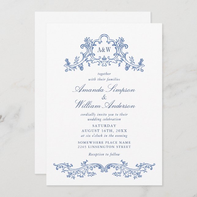 Elegant Baroque Dusty Blue Classy Wedding Invitation (Front/Back)