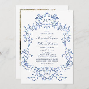 Elegant Baroque Dusty Blue Frame Photo Wedding Invitation