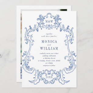 Elegant Baroque Dusty Blue Frame Photo Wedding Invitation