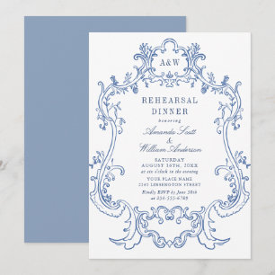 Elegant Baroque Dusty Blue Frame Rehearsal Dinner Invitation