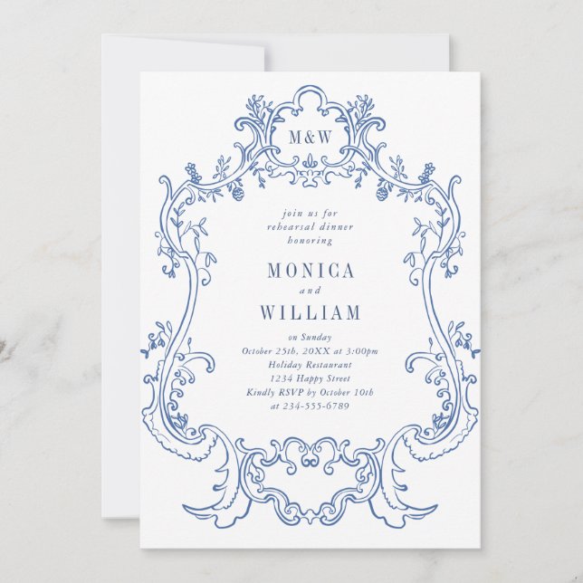 Elegant Baroque Dusty Blue Frame Rehearsal Dinner Invitation (Front)