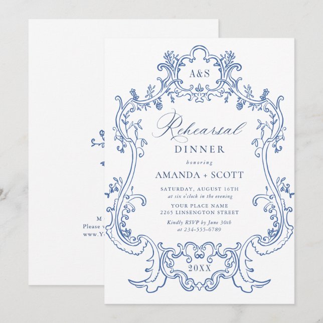 Elegant Baroque Dusty Blue Frame Rehearsal Dinner Invitation (Front/Back)