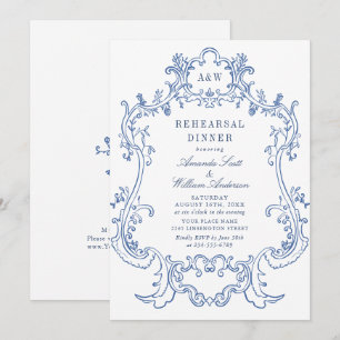 Elegant Baroque Dusty Blue Frame Rehearsal Dinner Invitation