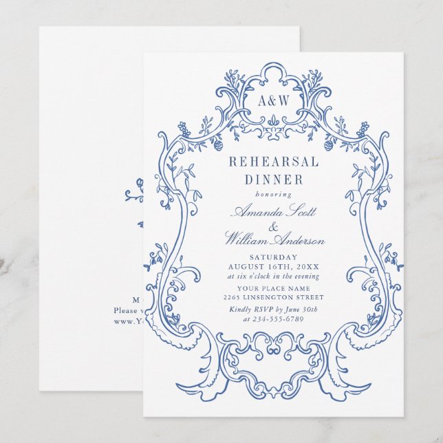 Elegant Baroque Dusty Blue Frame Rehearsal Dinner Invitation (Front/Back)