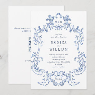 Elegant Baroque Dusty Blue Frame Wedding QR code Invitation