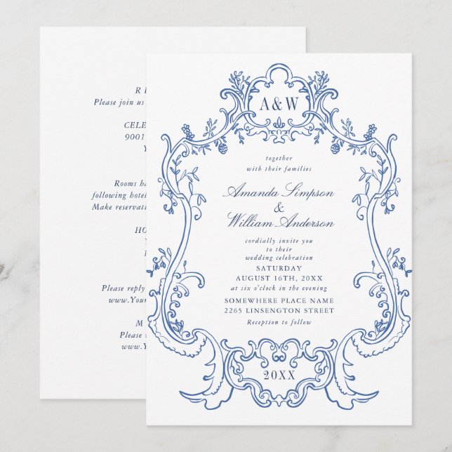 Elegant Baroque Dusty Blue Ornate Frame Wedding Invitation (Front/Back)