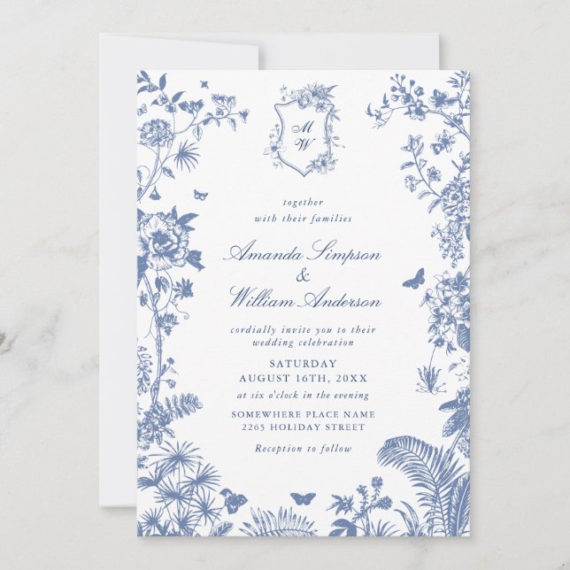 Elegant Baroque Dusty Blue Ornate Frame Wedding Invitation (Front)