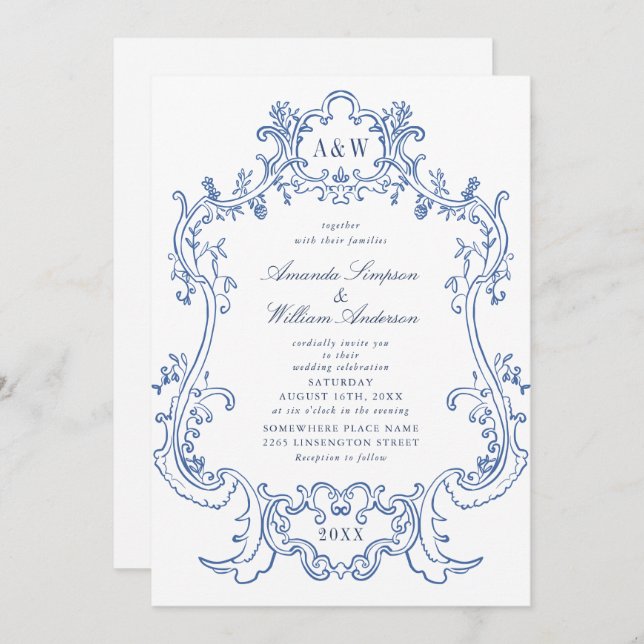 Elegant Baroque Dusty Blue Ornate Frame Wedding Invitation (Front/Back)