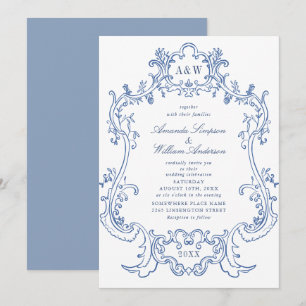 Elegant Baroque Dusty Blue Ornate Frame Wedding Invitation