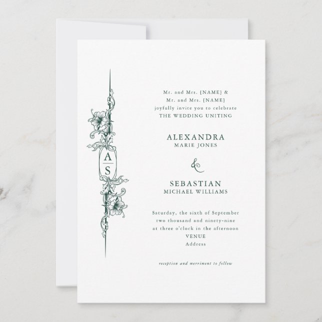 Elegant Baroque Floral Crest Emerald Green Wedding Invitation (Front)